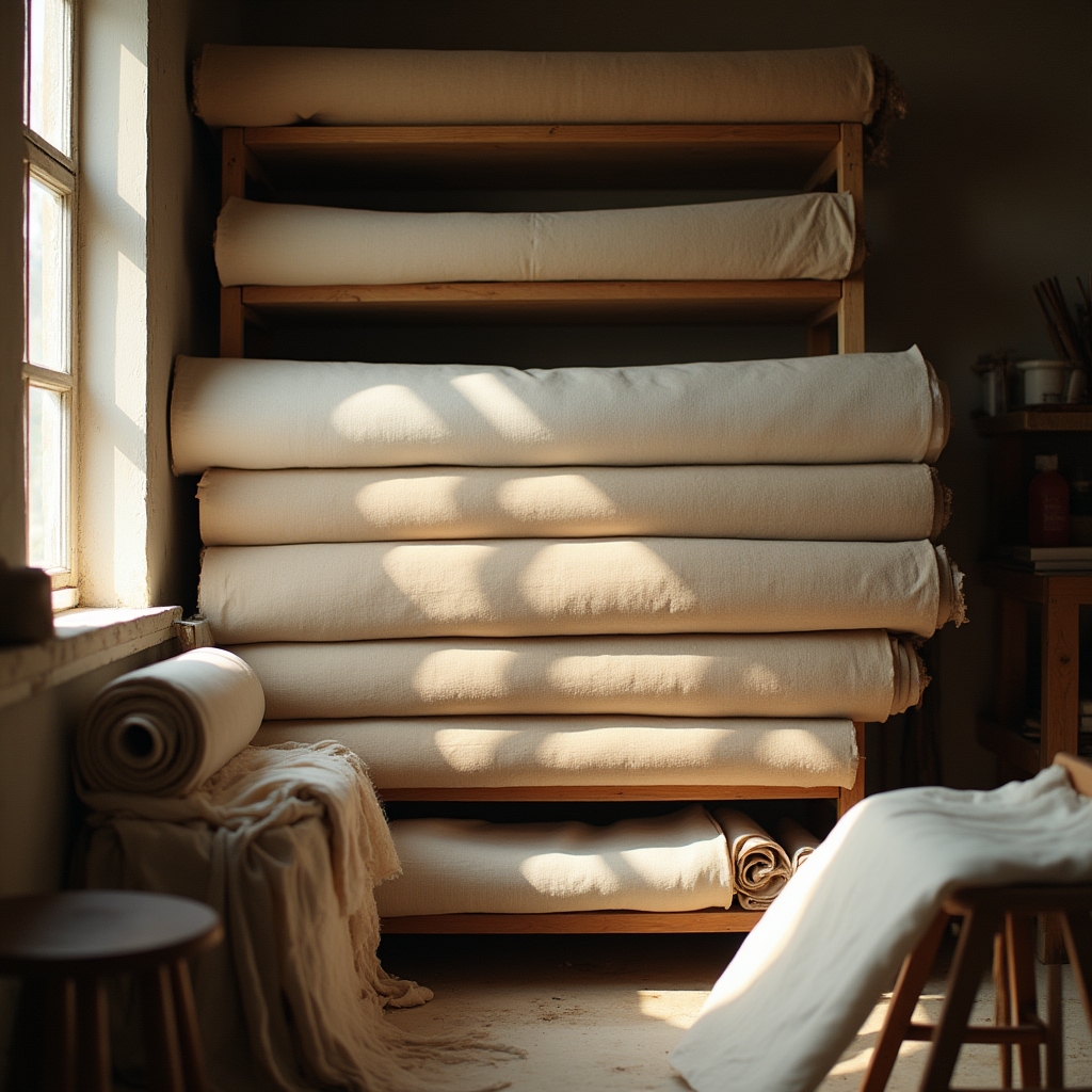 Rotoli di cotone stonewashed in un piccolo atelier tessile