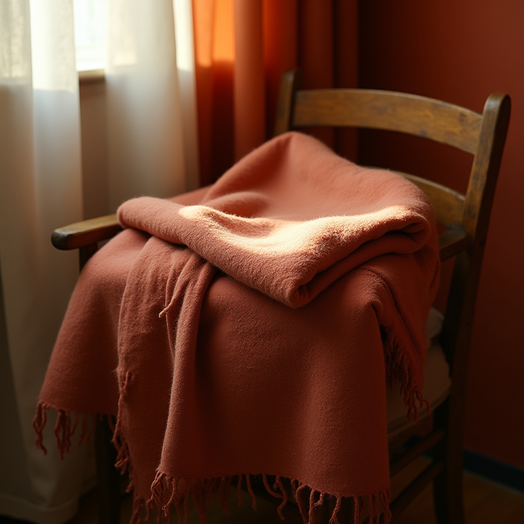 Coperta in lana vergine tinta con pigmenti vegetali piegata su un letto