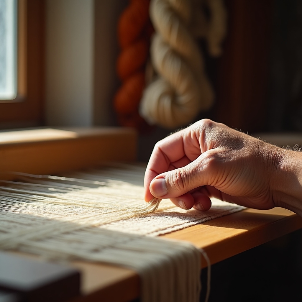 Mani di un artigiano al lavoro su un telaio di legno tradizionale